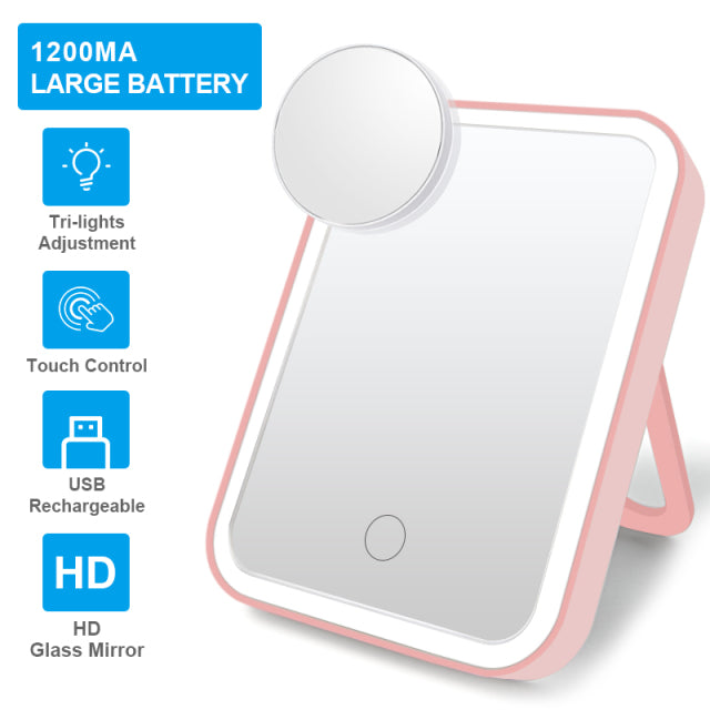 LED Lighted Makeup Mirror with Touch Screen - Portable Travel Vanity Mirror USB Rechargeable