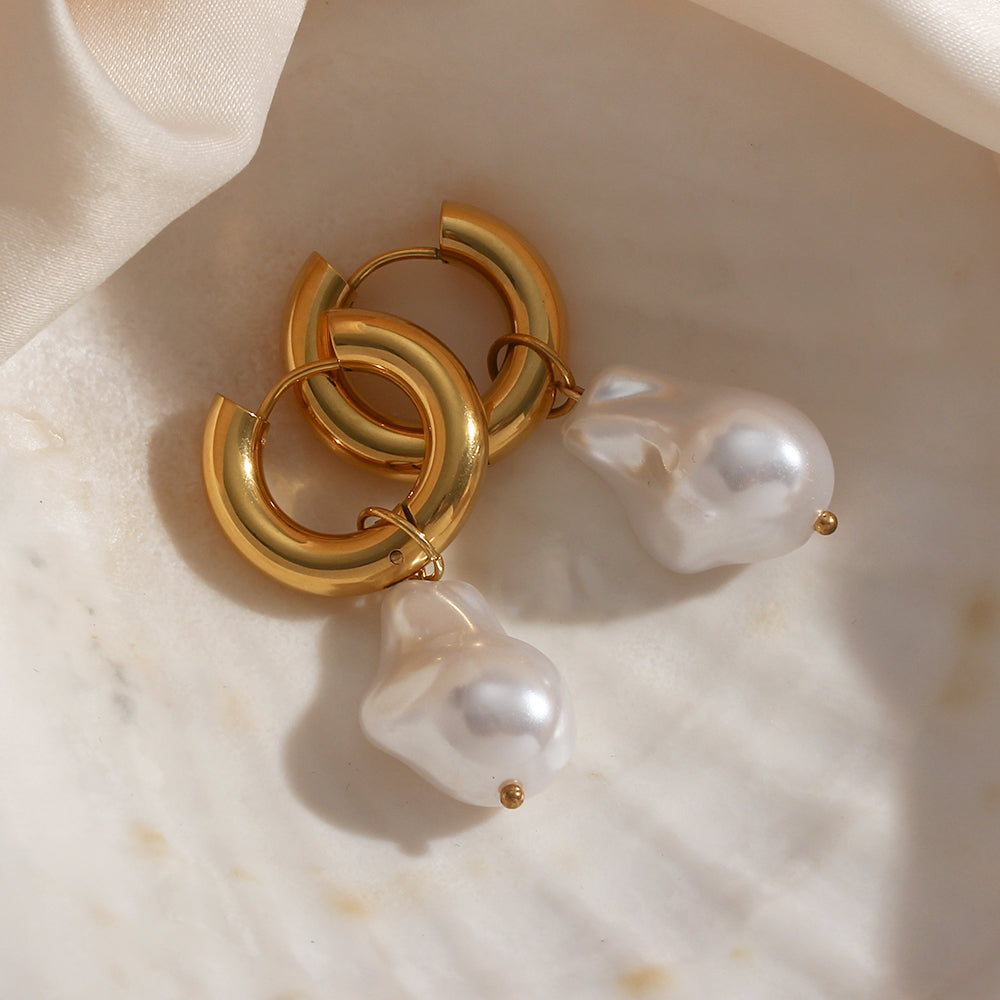 Baroque Pearl Water Drop Earrings - Gold Plated Stainless Steel Hoops