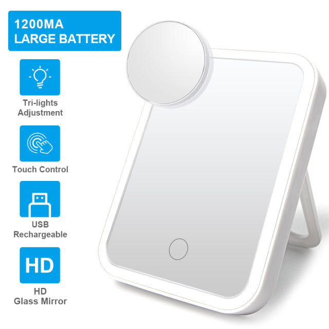 LED Lighted Makeup Mirror with Touch Screen - Portable Travel Vanity Mirror USB Rechargeable