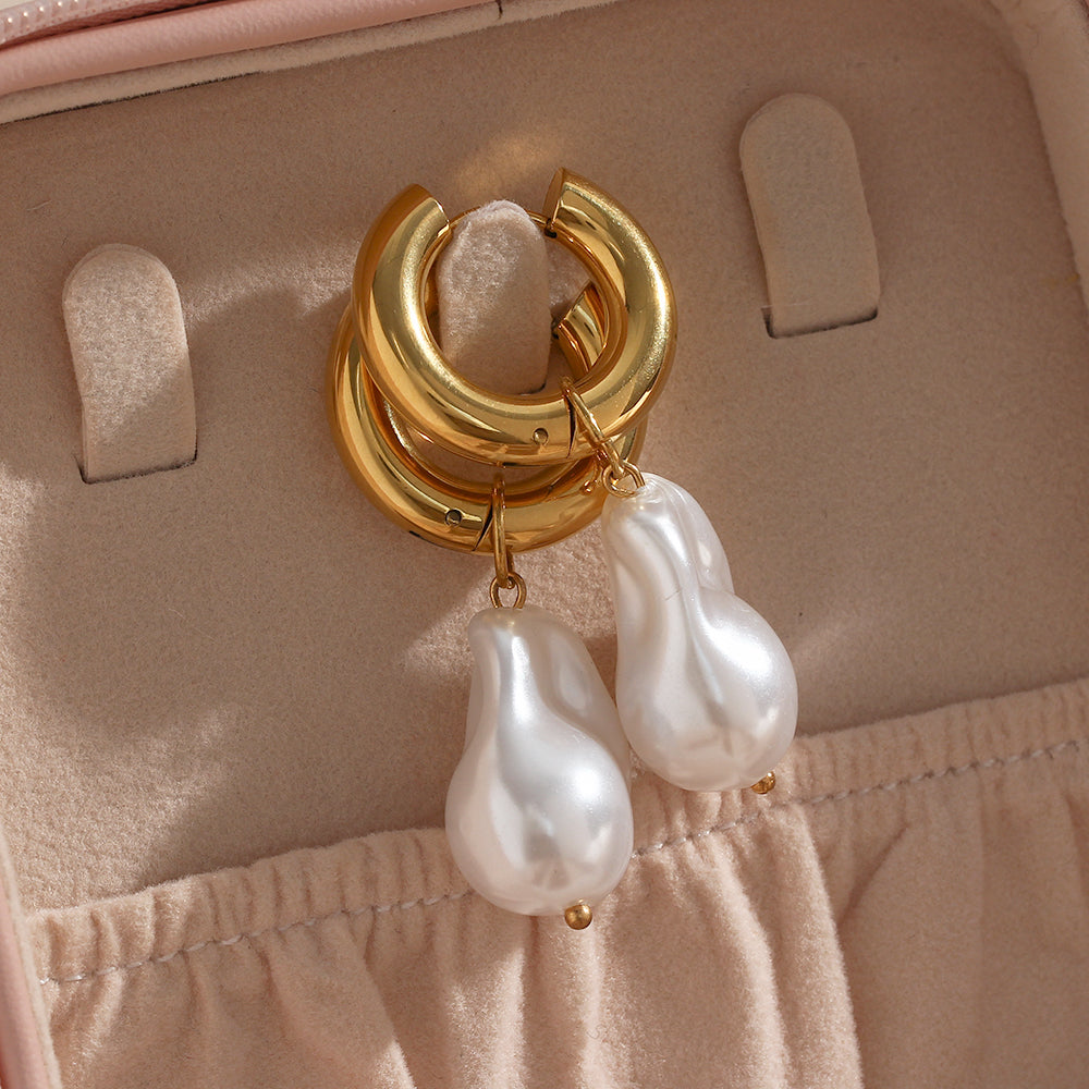 Baroque Pearl Water Drop Earrings - Gold Plated Stainless Steel Hoops