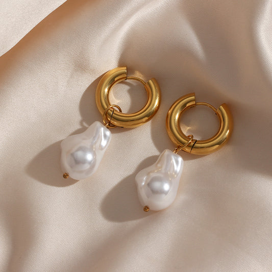 Baroque Pearl Water Drop Earrings - Gold Plated Stainless Steel Hoops