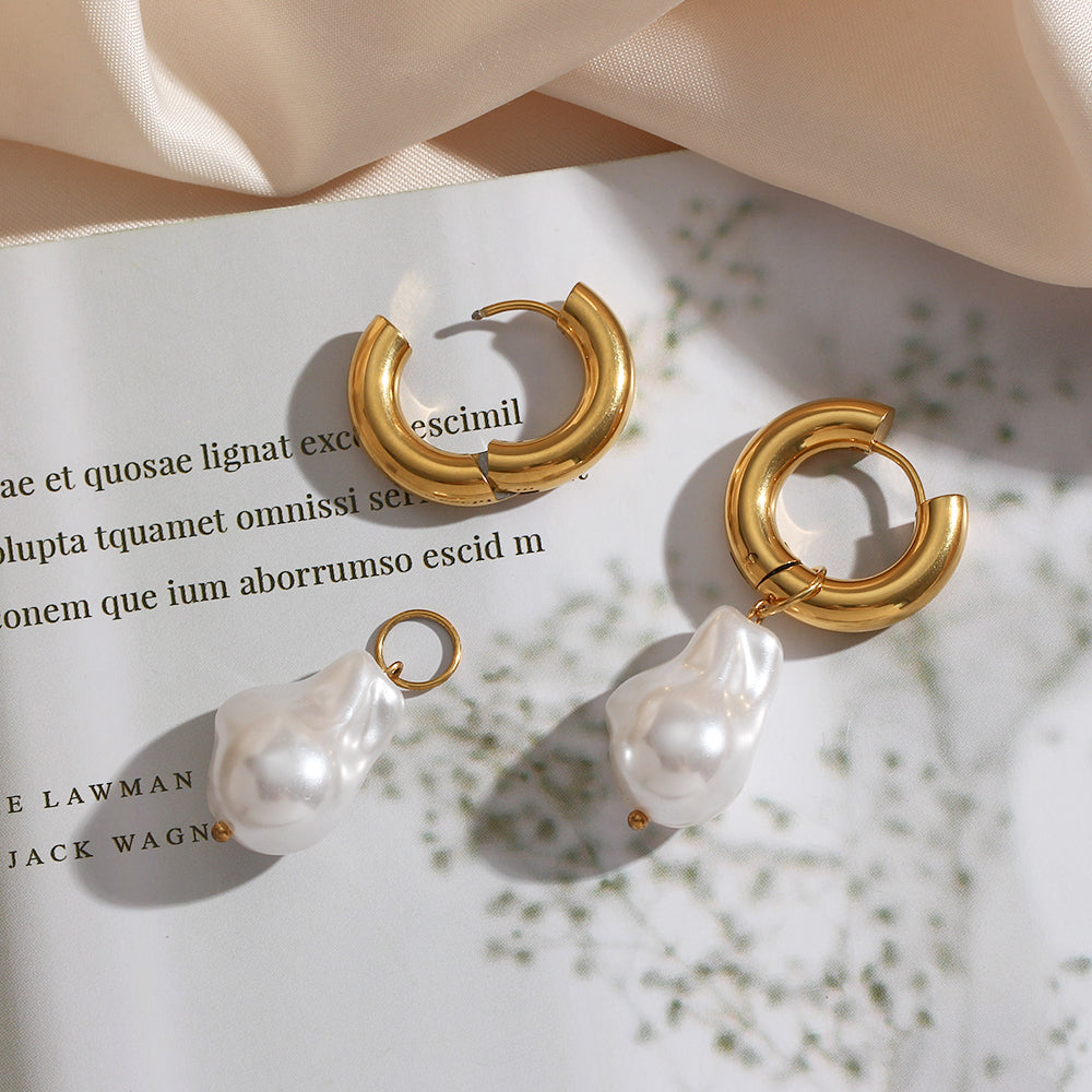 Baroque Pearl Water Drop Earrings - Gold Plated Stainless Steel Hoops