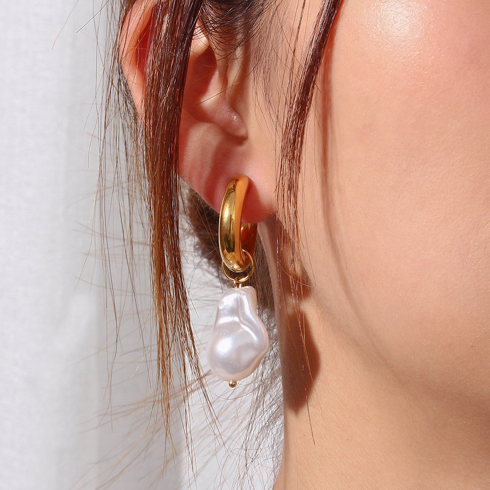 Baroque Pearl Water Drop Earrings - Gold Plated Stainless Steel Hoops