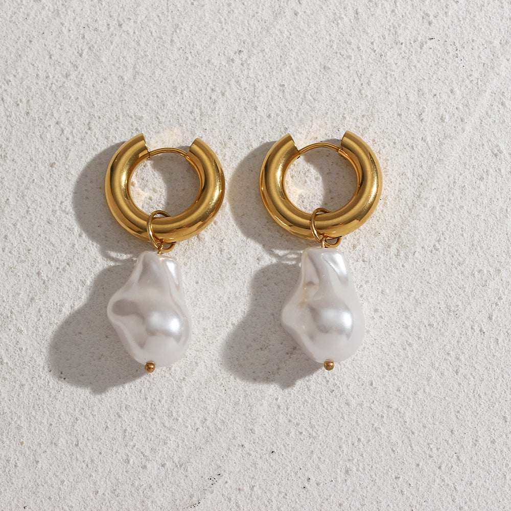 Baroque Pearl Water Drop Earrings - Gold Plated Stainless Steel Hoops